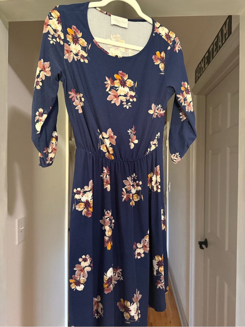 French Grey Navy Floral Dress with Pink and Cream Blooms